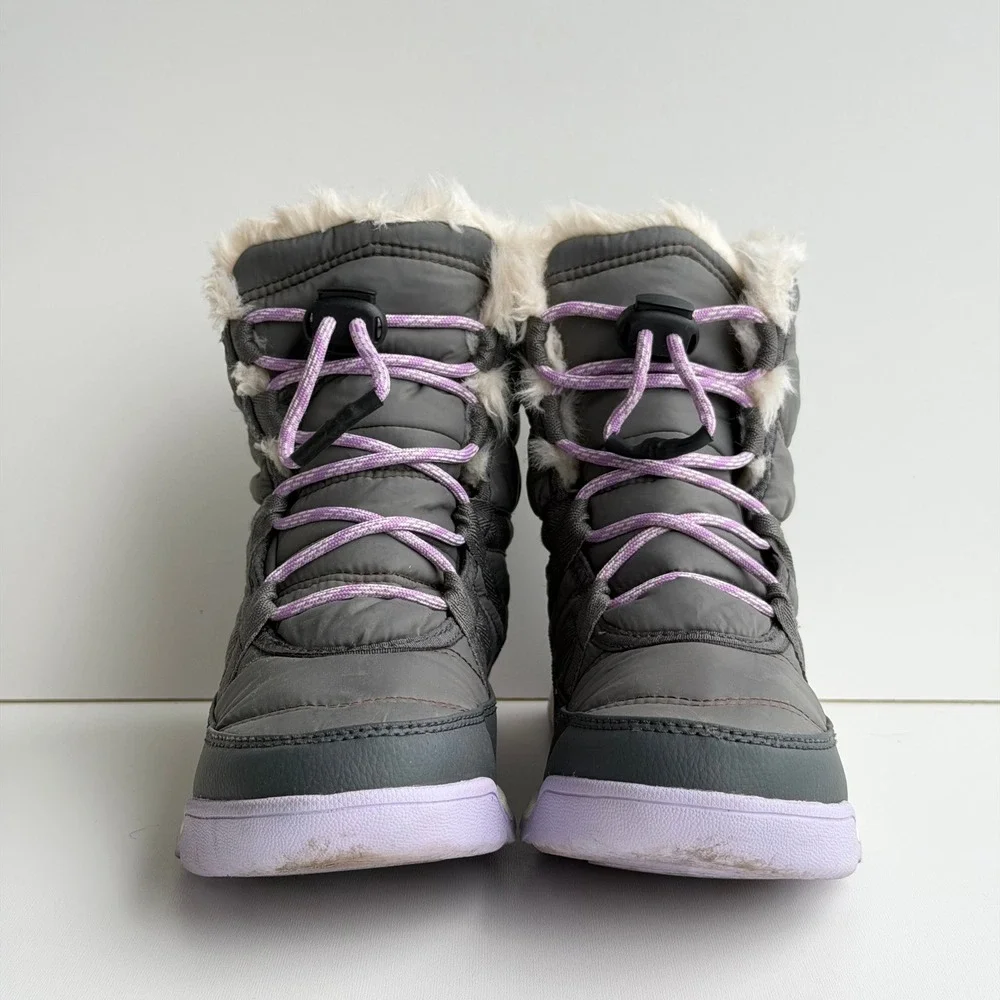 SOREL Whitney II Short Lace Boot Girls size 4 Grey Purple Waterproof Faux Fur